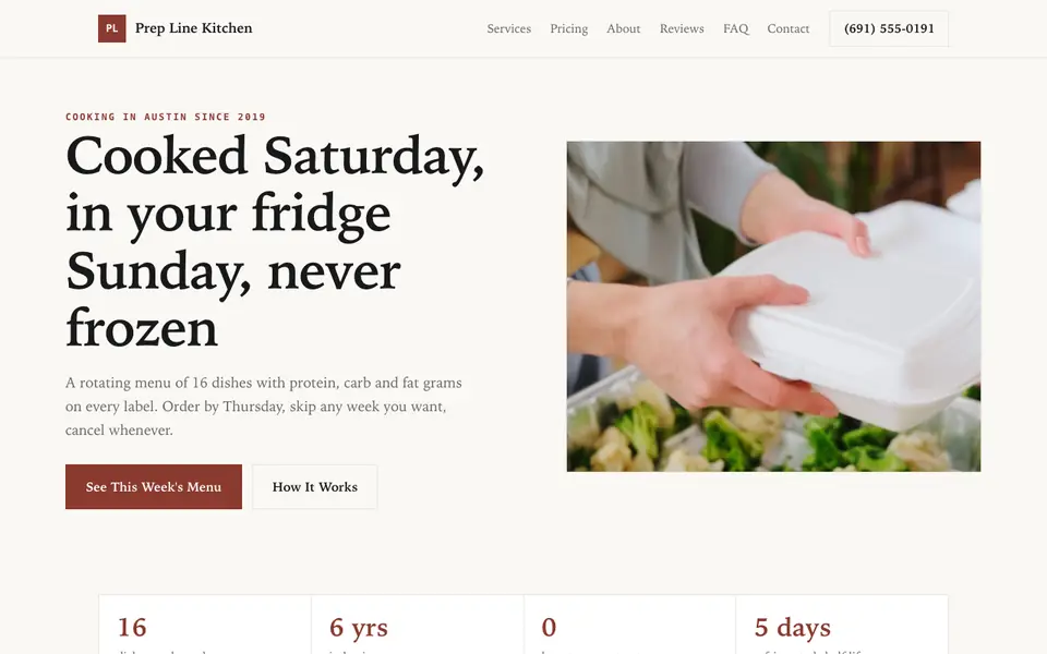 Example website for meal prep business websites built with We.Inc: the Prep Line Kitchen home page