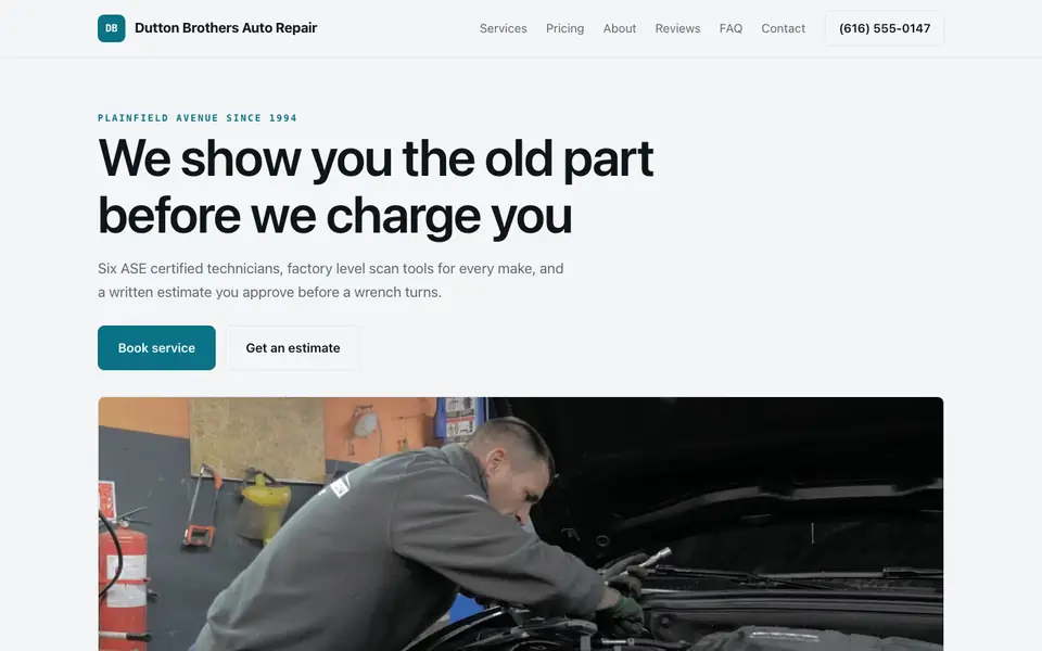 Example website for mechanics built with We.Inc: the Dutton Brothers Auto Repair home page