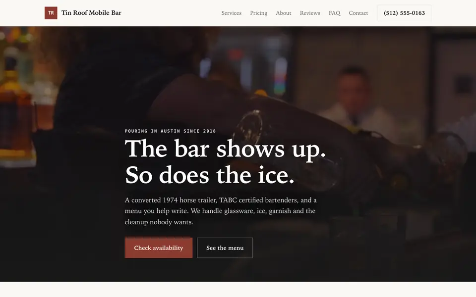 Example website for mobile bar services built with We.Inc: the Tin Roof Mobile Bar home page