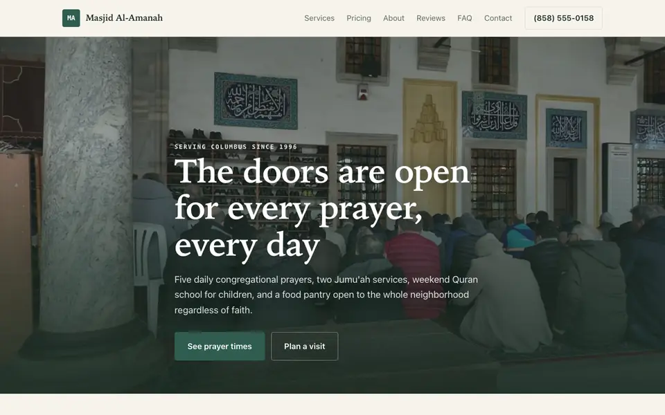 Example website for mosques built with We.Inc: the Masjid Al-Amanah home page