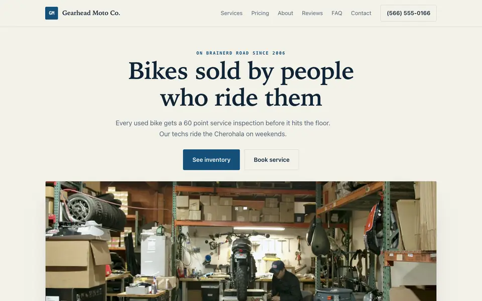 Example website for motorcycle dealers built with We.Inc: the Gearhead Moto Co. home page