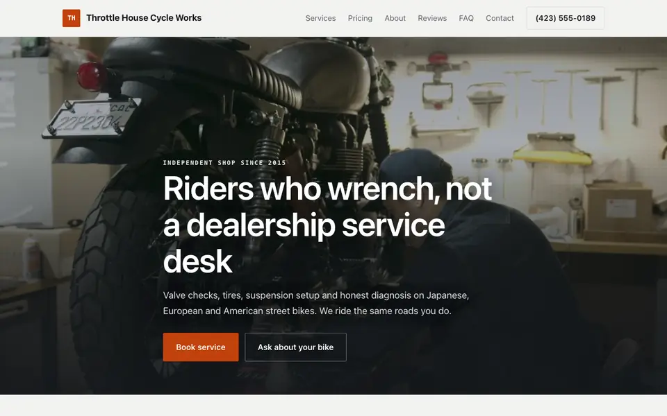 Example website for motorcycle shops built with We.Inc: the Throttle House Cycle Works home page