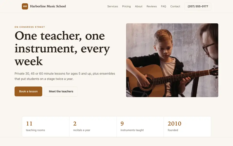 Example website for music schools built with We.Inc: the Harborline Music School home page