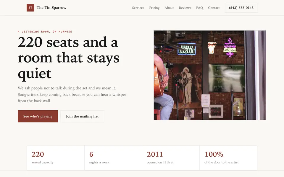 Example website for music venues built with We.Inc: the The Tin Sparrow home page