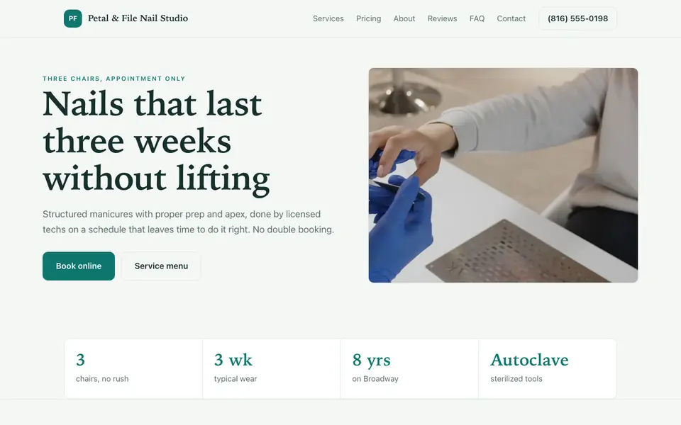 Example website for nail technicians built with We.Inc: the Petal & File Nail Studio home page