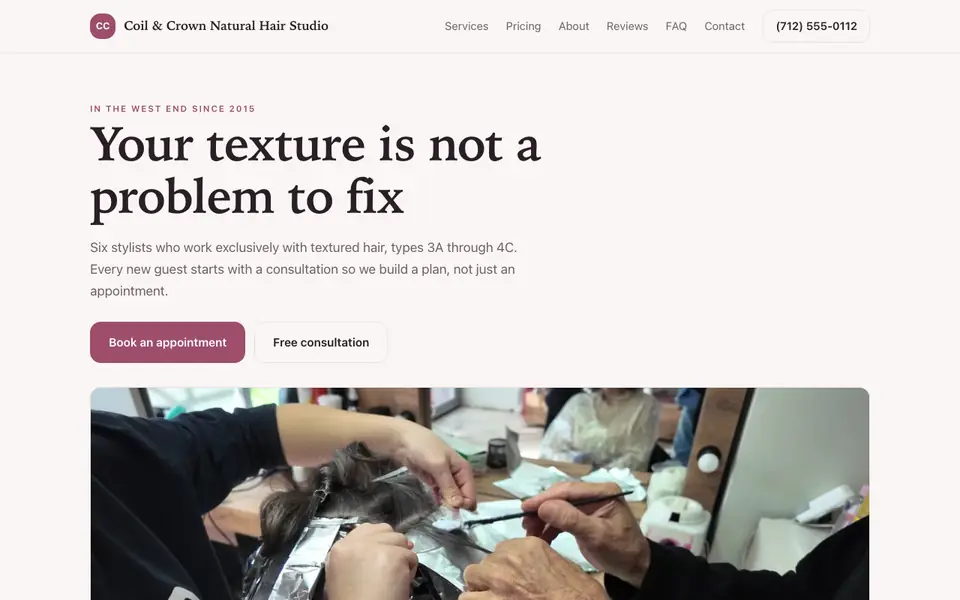 Example website for natural hair salons built with We.Inc: the Coil & Crown Natural Hair Studio home page