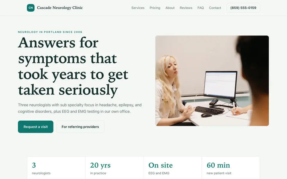 Example website for neurologists built with We.Inc: the Cascade Neurology Clinic home page