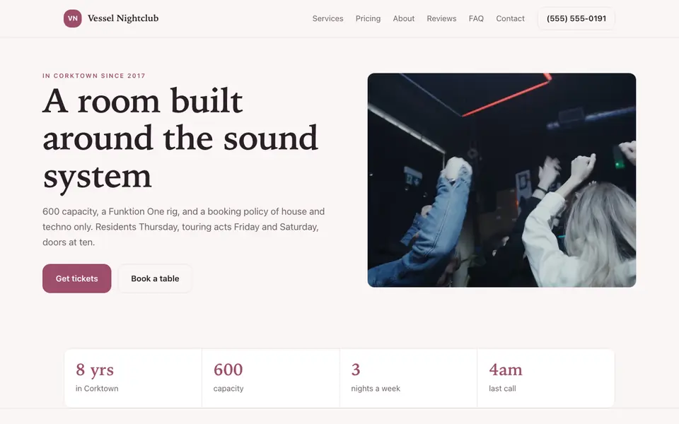 Example website for nightclubs built with We.Inc: the Vessel Nightclub home page