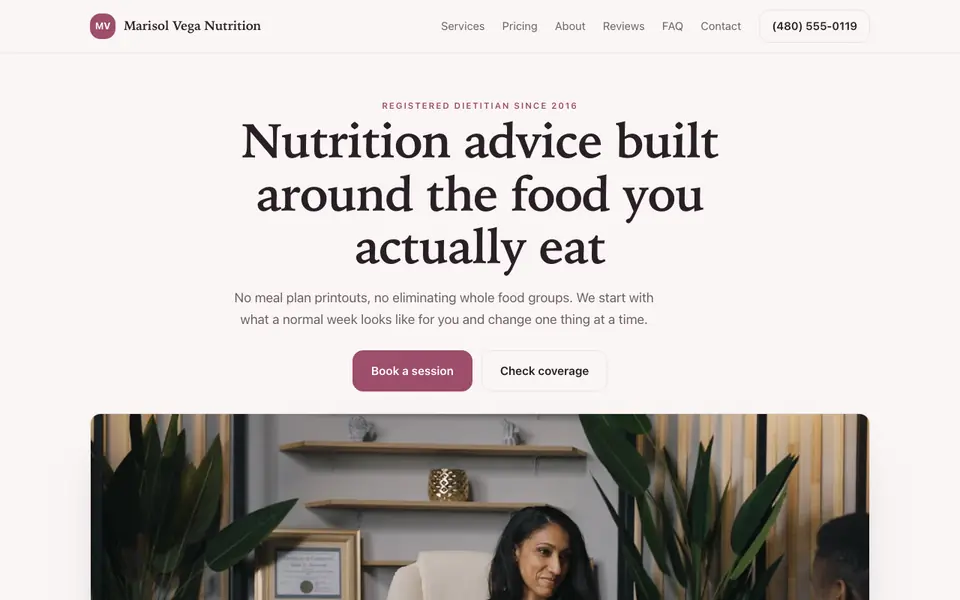 Example website for nutritionists built with We.Inc: the Marisol Vega Nutrition home page