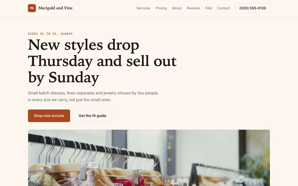Example website for online boutiques built with We.Inc: the Marigold and Vine home page