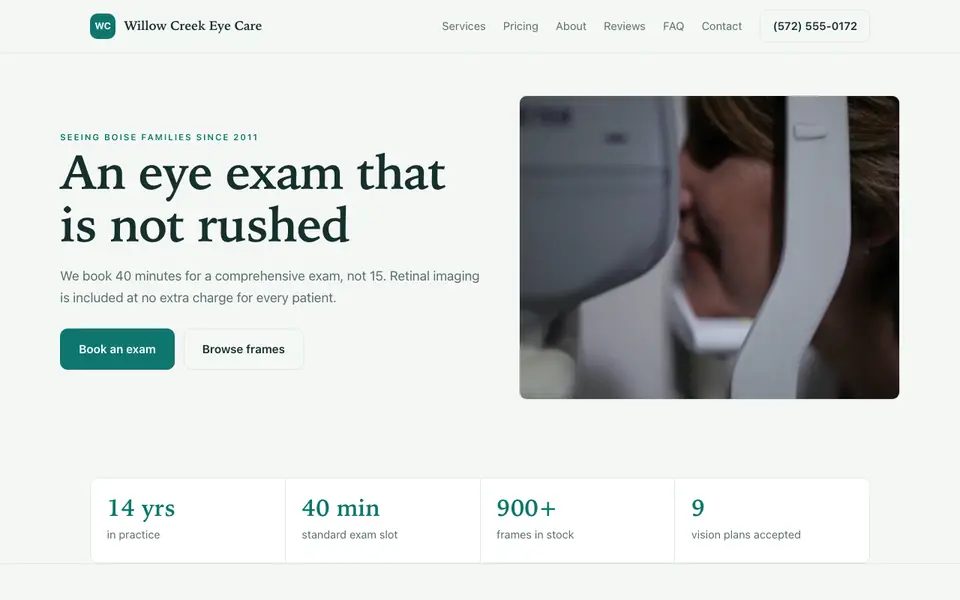 Example website for optometry practice websites built with We.Inc: the Willow Creek Eye Care home page
