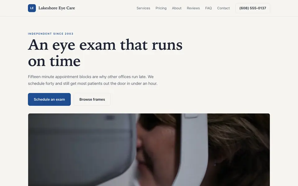 Example website for optometry practices built with We.Inc: the Lakeshore Eye Care home page