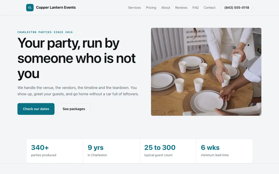 Example website for party planners built with We.Inc: the Copper Lantern Events home page