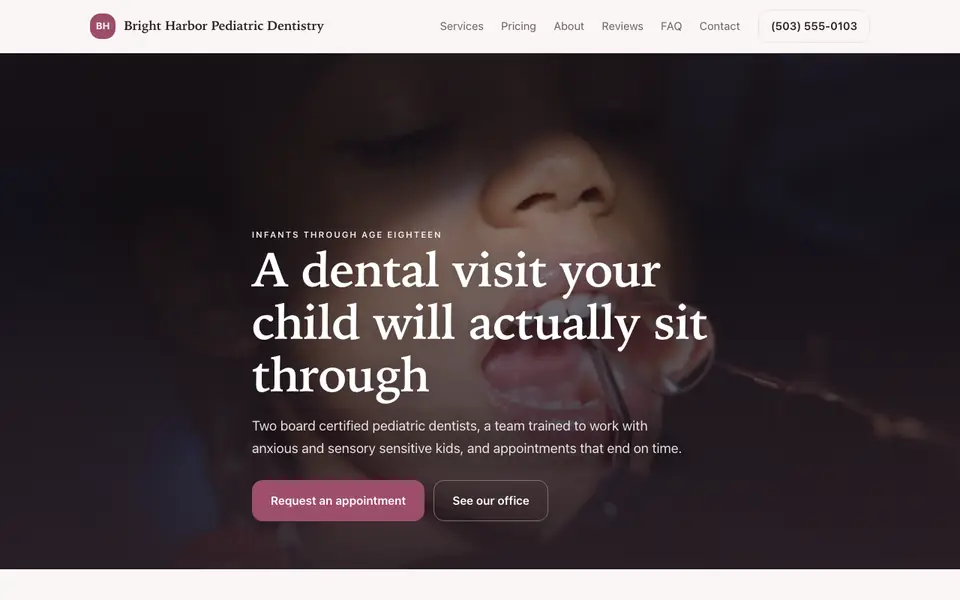 Example website for pediatric dentists built with We.Inc: the Bright Harbor Pediatric Dentistry home page