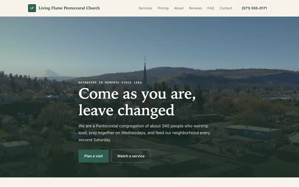 Example website for pentecostal churches built with We.Inc: the Living Flame Pentecostal Church home page