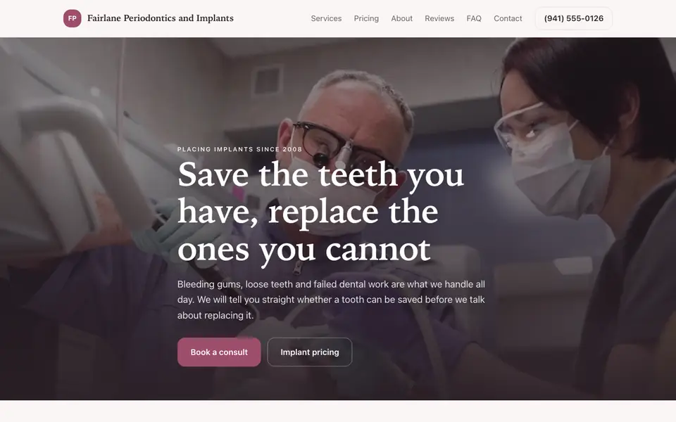 Example website for periodontists built with We.Inc: the Fairlane Periodontics and Implants home page