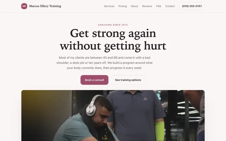 Example website for personal trainers built with We.Inc: the Marcus Ellery Training home page