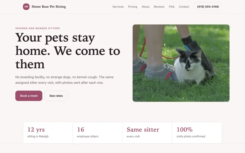 Example website for pet sitting websites built with We.Inc: the Home Base Pet Sitting home page