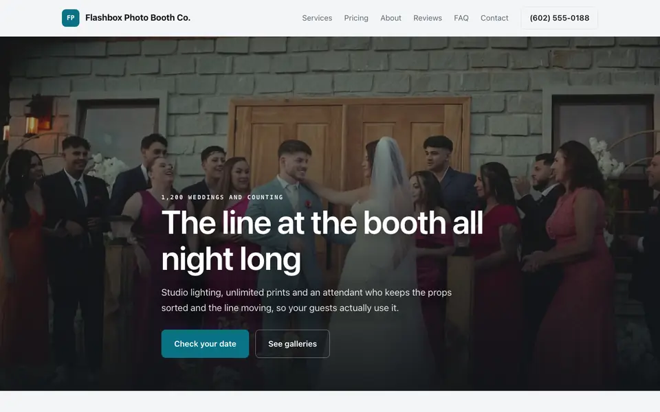 Example website for photo booth business websites built with We.Inc: the Flashbox Photo Booth Co. home page