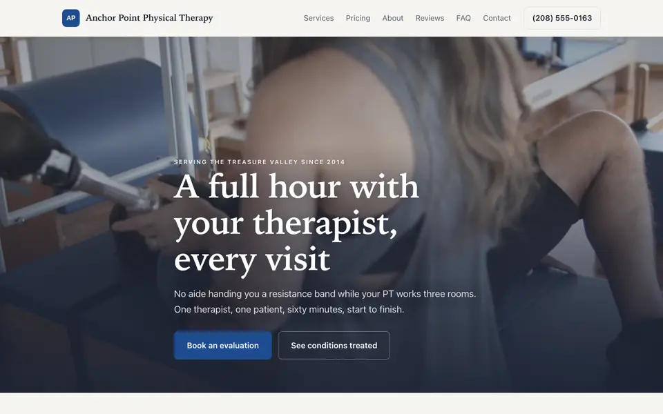 Example website for physical therapy clinics built with We.Inc: the Anchor Point Physical Therapy home page