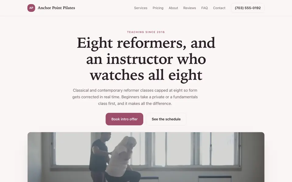 Example website for pilates studios built with We.Inc: the Anchor Point Pilates home page