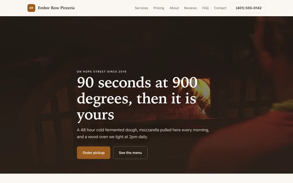 Example website for pizza restaurants built with We.Inc: the Ember Row Pizzeria home page