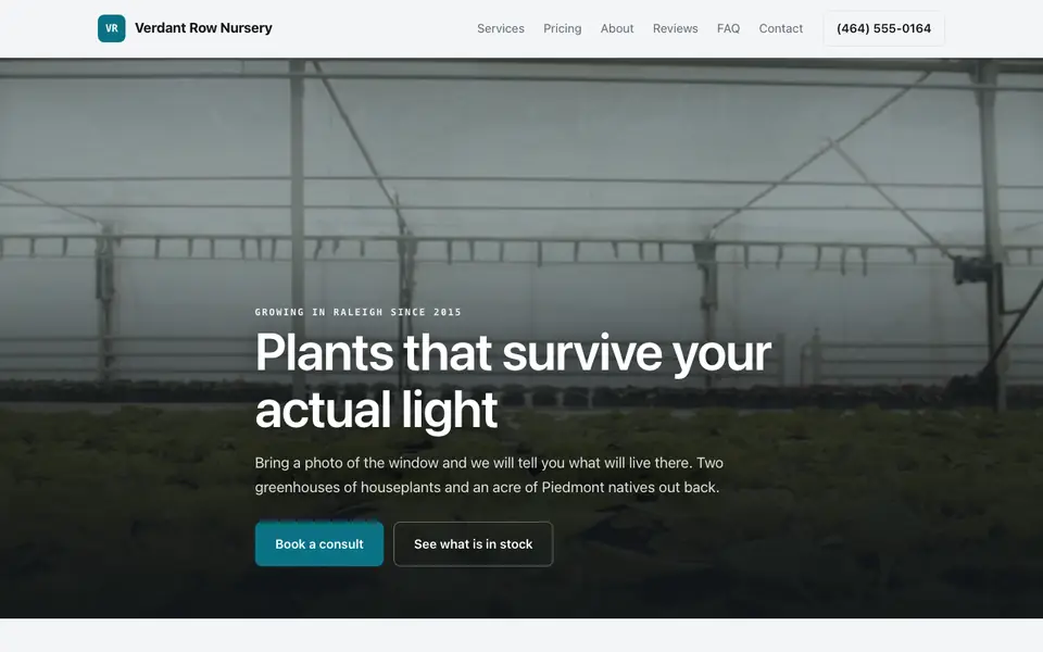 Example website for plant shops & nurseries built with We.Inc: the Verdant Row Nursery home page