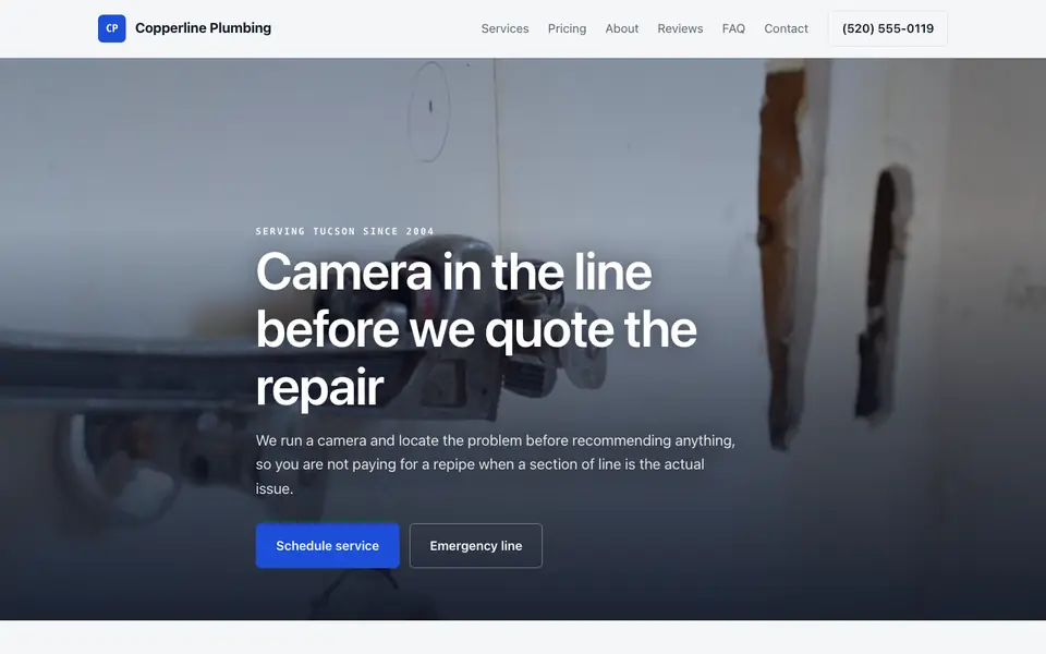 Example website for plumbers built with We.Inc: the Copperline Plumbing home page