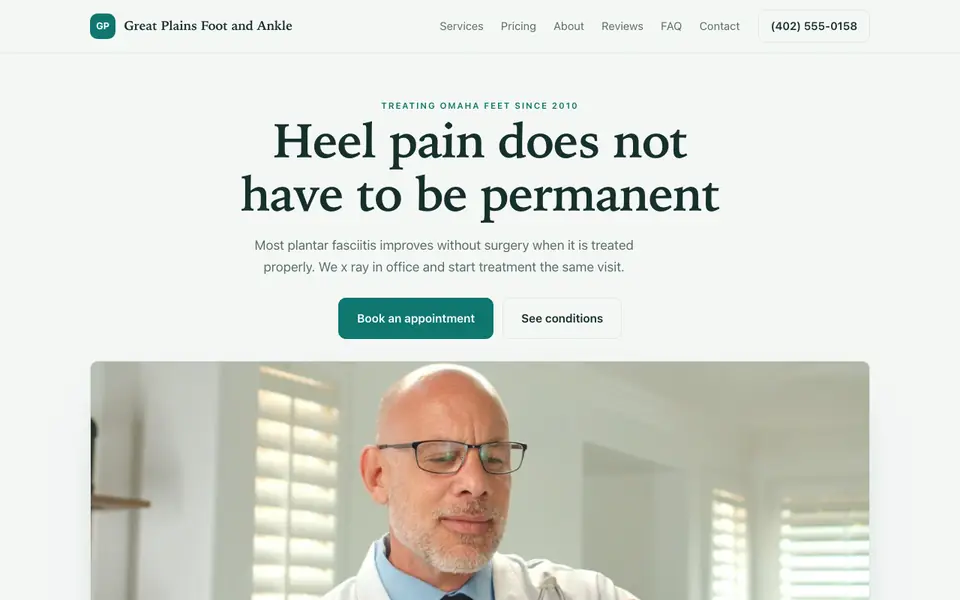 Example website for podiatry practices built with We.Inc: the Great Plains Foot and Ankle home page