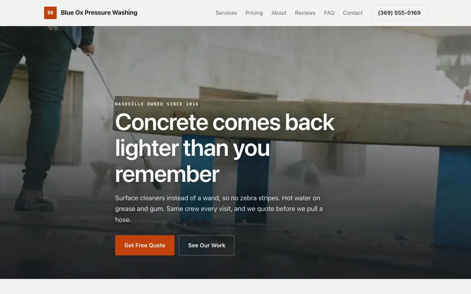Example website for pressure washing websites built with We.Inc: the Blue Ox Pressure Washing home page