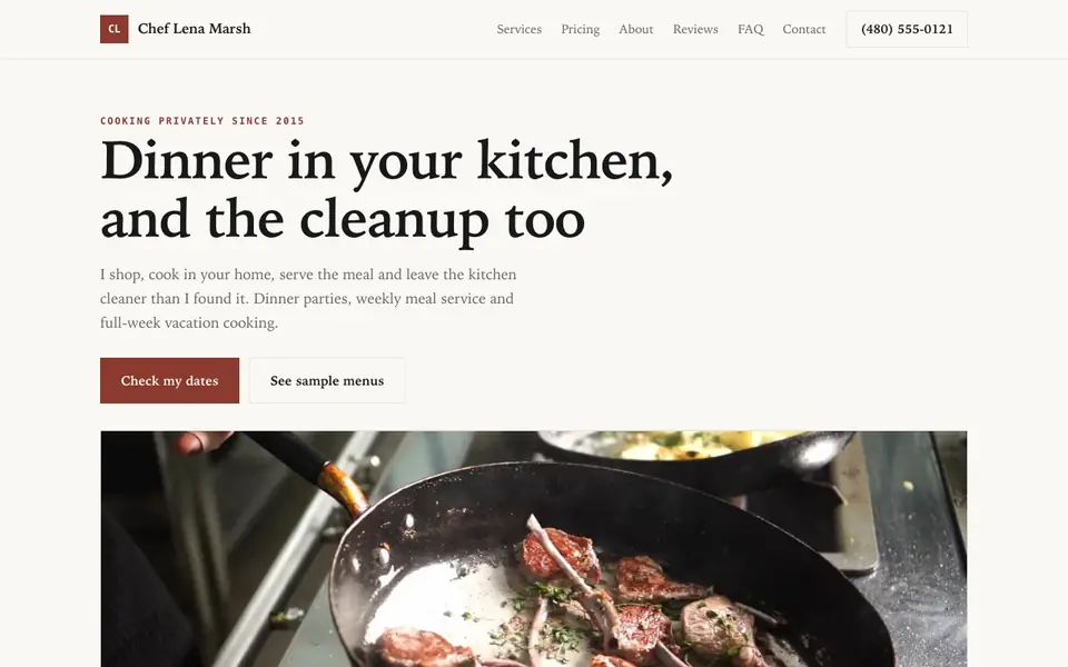 Example website for private chefs built with We.Inc: the Chef Lena Marsh home page