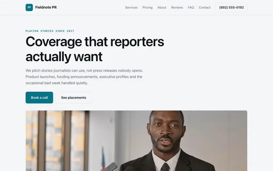 Example website for pr agencies built with We.Inc: the Fieldnote PR home page