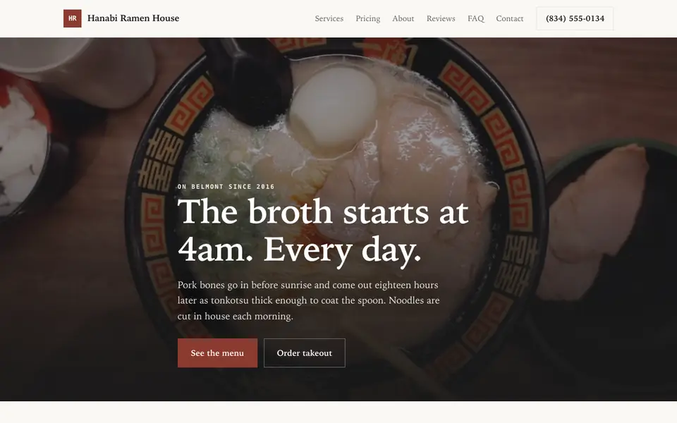 Example website for ramen shops built with We.Inc: the Hanabi Ramen House home page