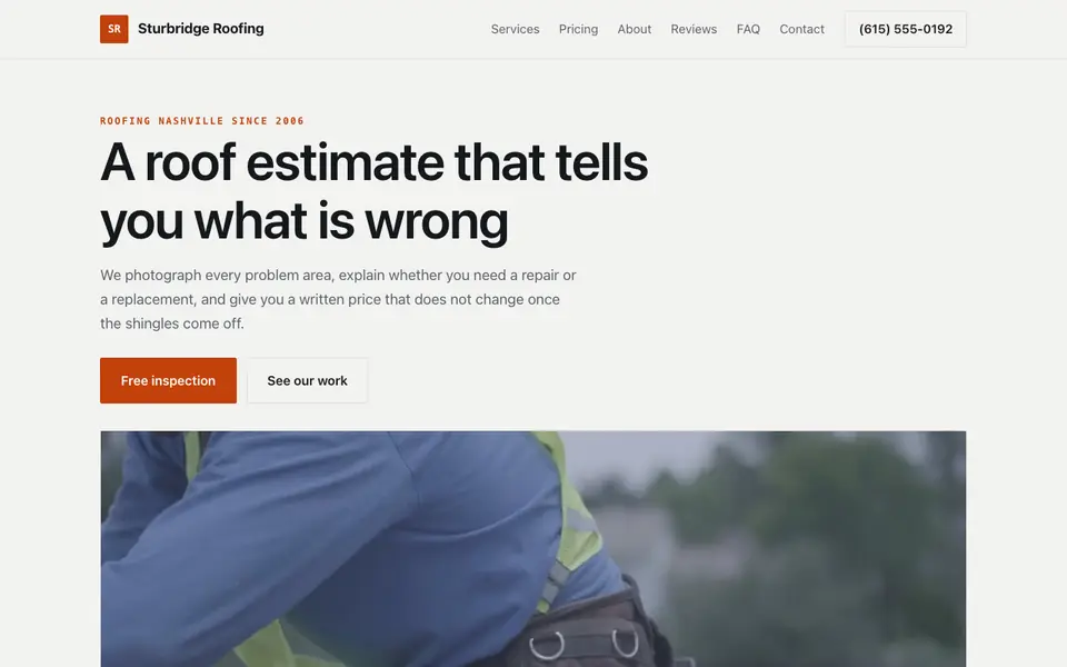 Example website for roofing companies built with We.Inc: the Sturbridge Roofing home page
