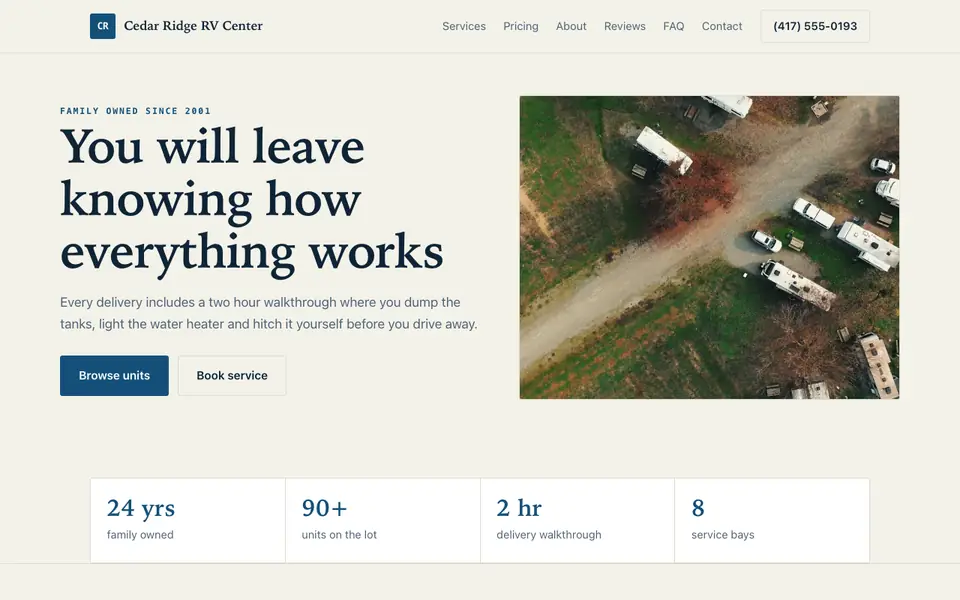 Example website for rv dealerships built with We.Inc: the Cedar Ridge RV Center home page