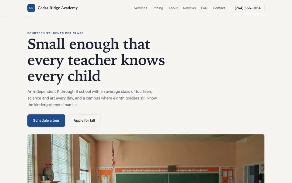 Example website for schools built with We.Inc: the Cedar Ridge Academy home page