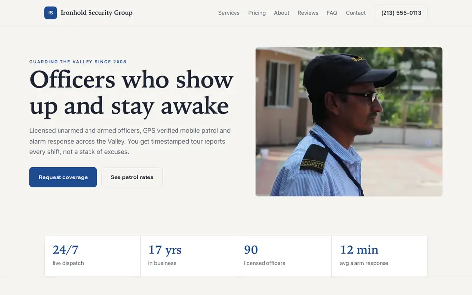 Example website for security companies built with We.Inc: the Ironhold Security Group home page