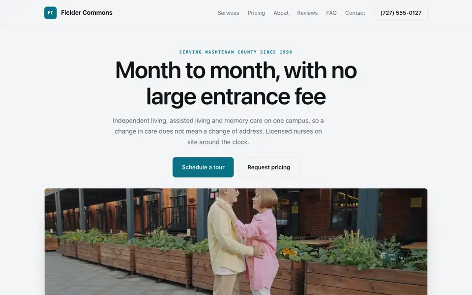 Example website for senior living websites built with We.Inc: the Fielder Commons home page