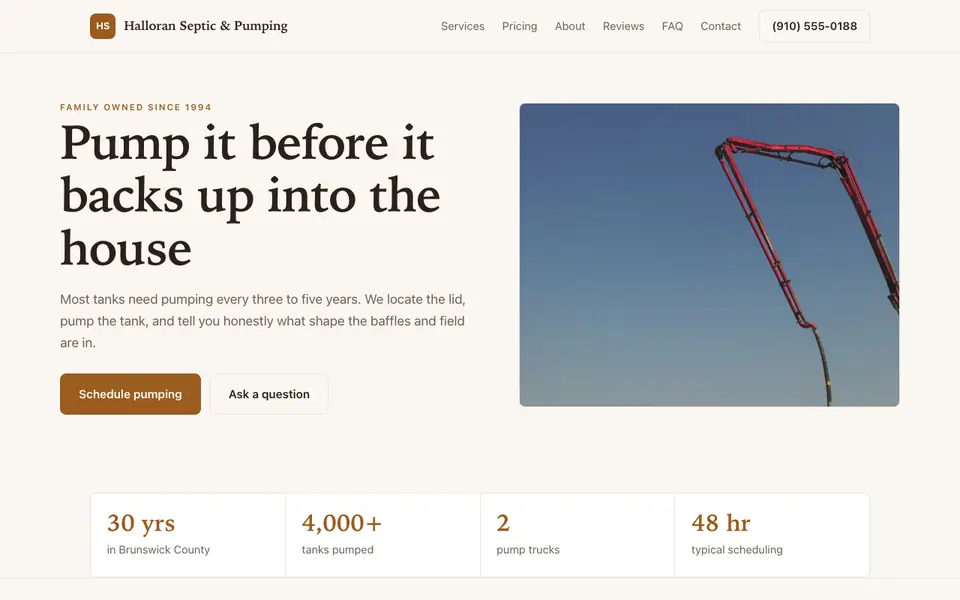 Example website for septic services built with We.Inc: the Halloran Septic & Pumping home page