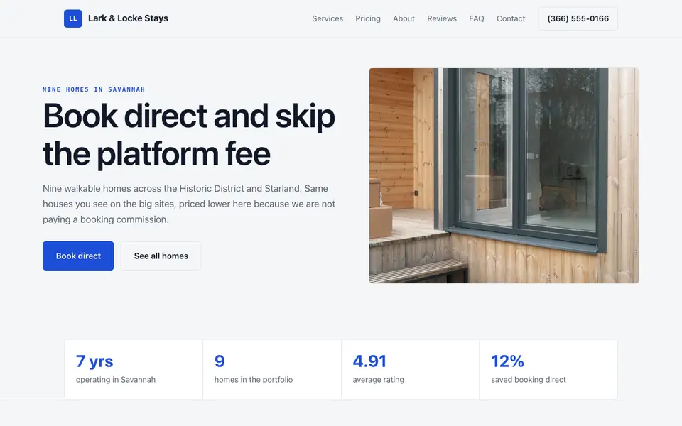 Example website for short term rental websites built with We.Inc: the Lark & Locke Stays home page