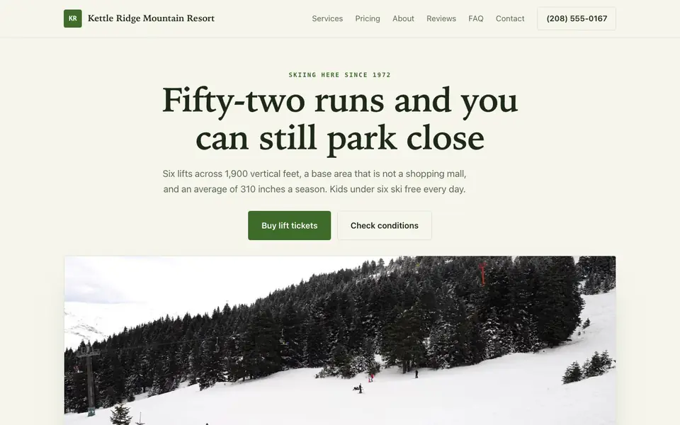 Example website for ski resorts built with We.Inc: the Kettle Ridge Mountain Resort home page