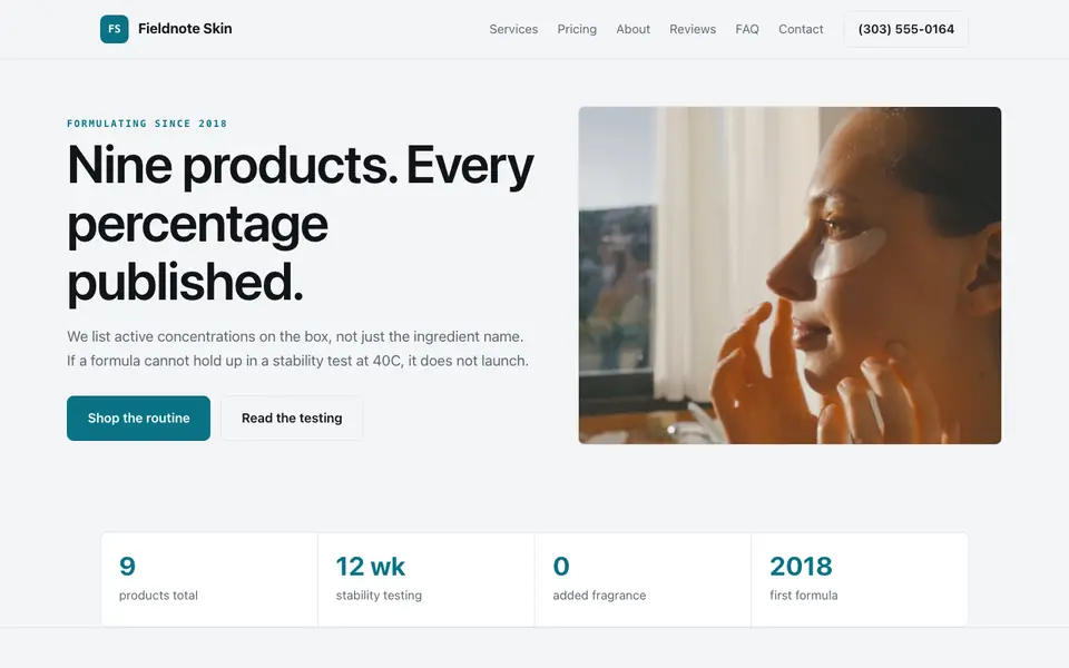 Example website for skincare brands built with We.Inc: the Fieldnote Skin home page