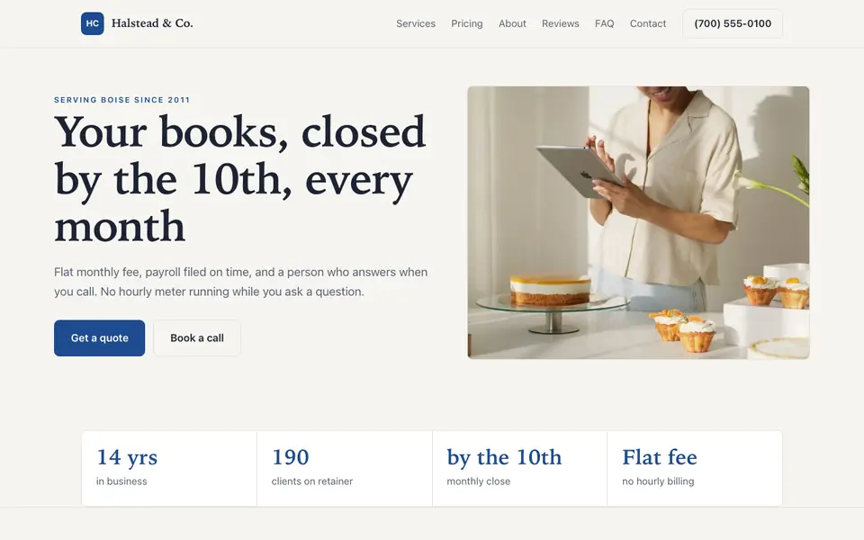 Example website for small businesses built with We.Inc: the Halstead & Co. home page
