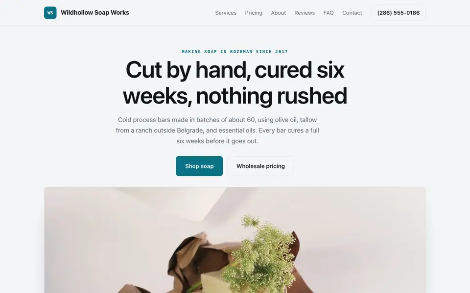 Example website for soap makers built with We.Inc: the Wildhollow Soap Works home page
