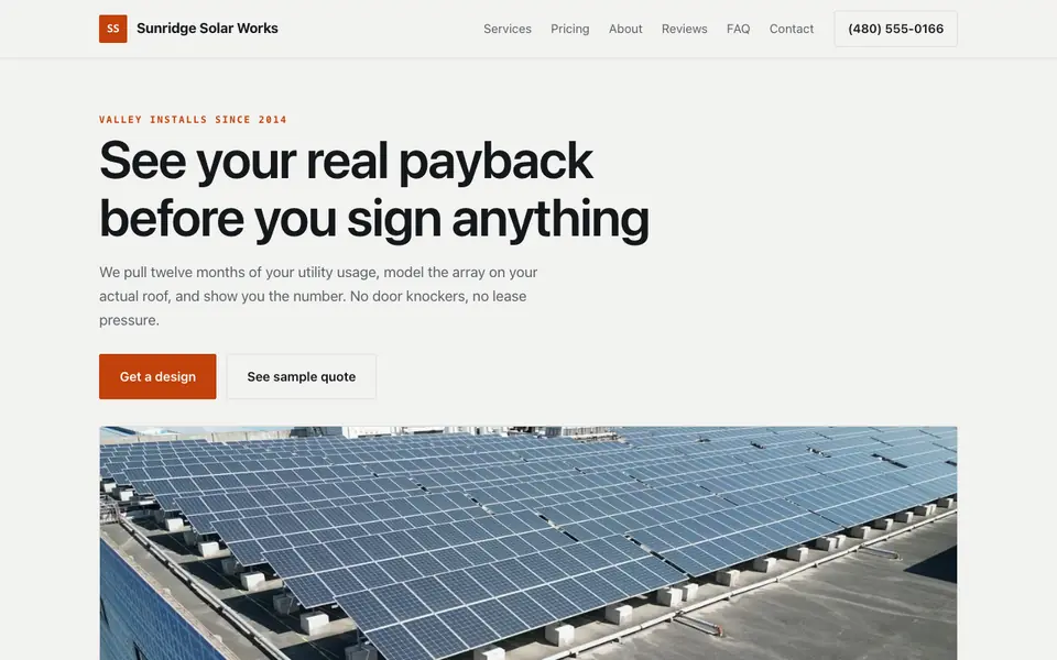 Example website for solar installation companies built with We.Inc: the Sunridge Solar Works home page