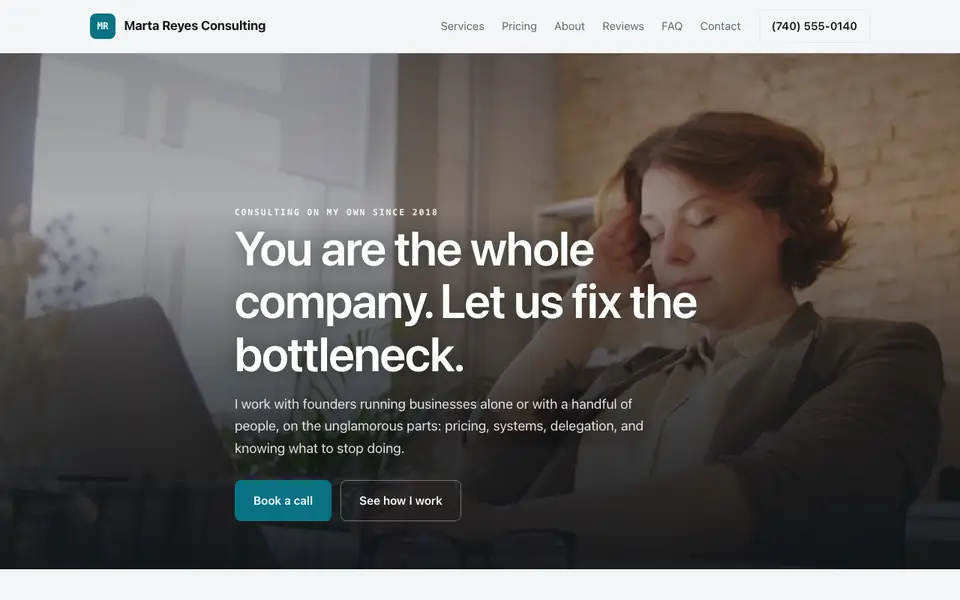 Example website for solopreneurs built with We.Inc: the Marta Reyes Consulting home page