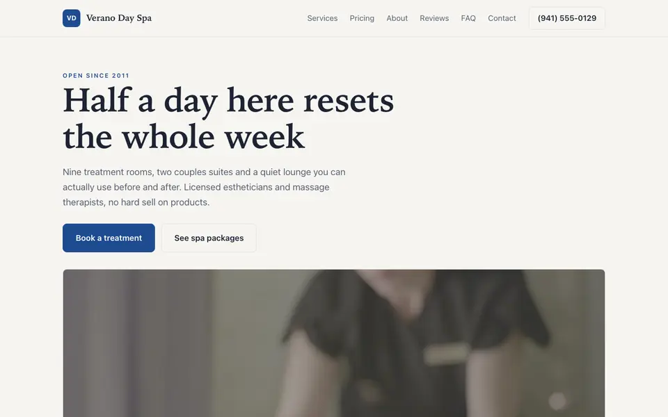 Example website for spas built with We.Inc: the Verano Day Spa home page