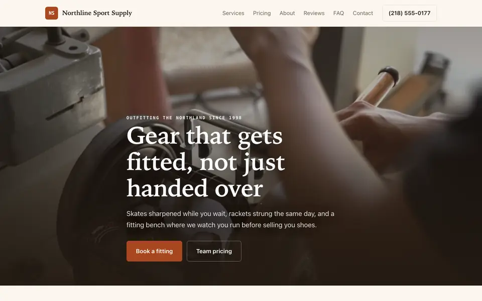Example website for sports equipment stores built with We.Inc: the Northline Sport Supply home page