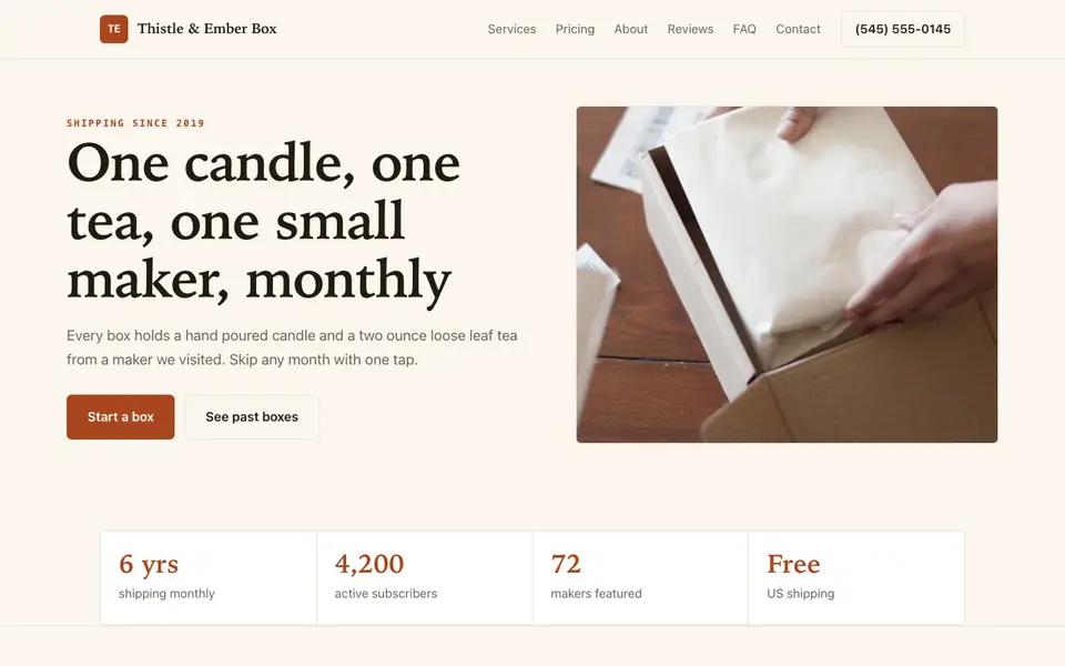 Example website for subscription box businesses built with We.Inc: the Thistle & Ember Box home page