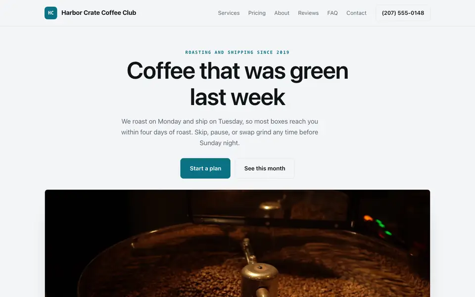 Example website for subscription box companies built with We.Inc: the Harbor Crate Coffee Club home page